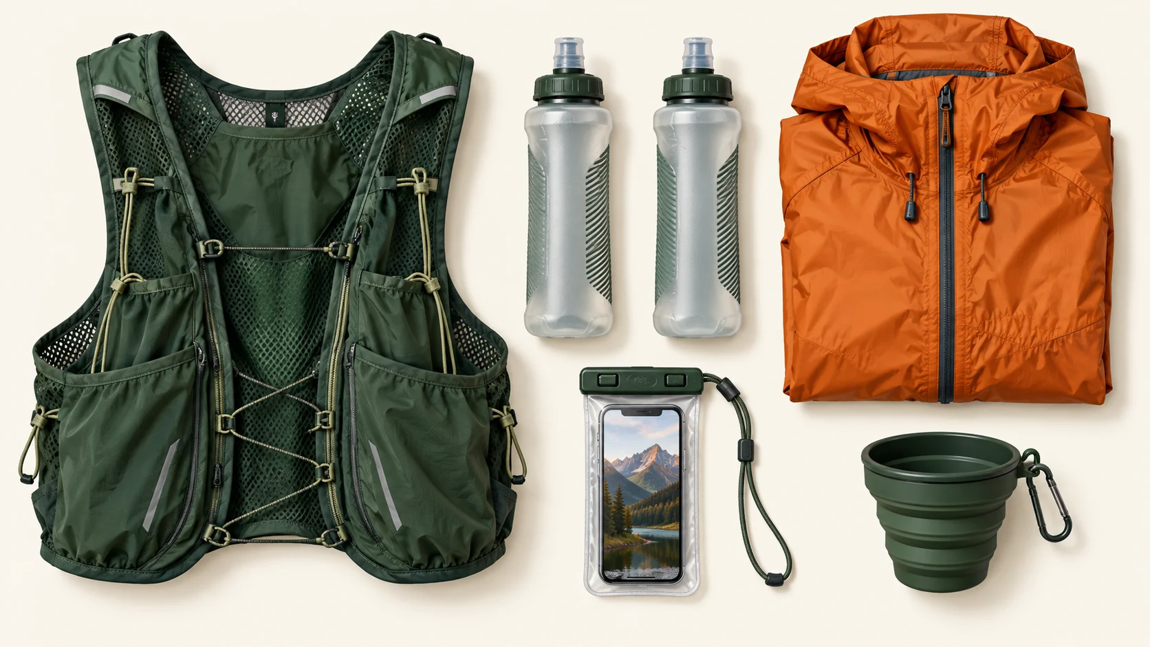 Illustration réaliste d’un gilet de trail et de son équipement disposés à plat
