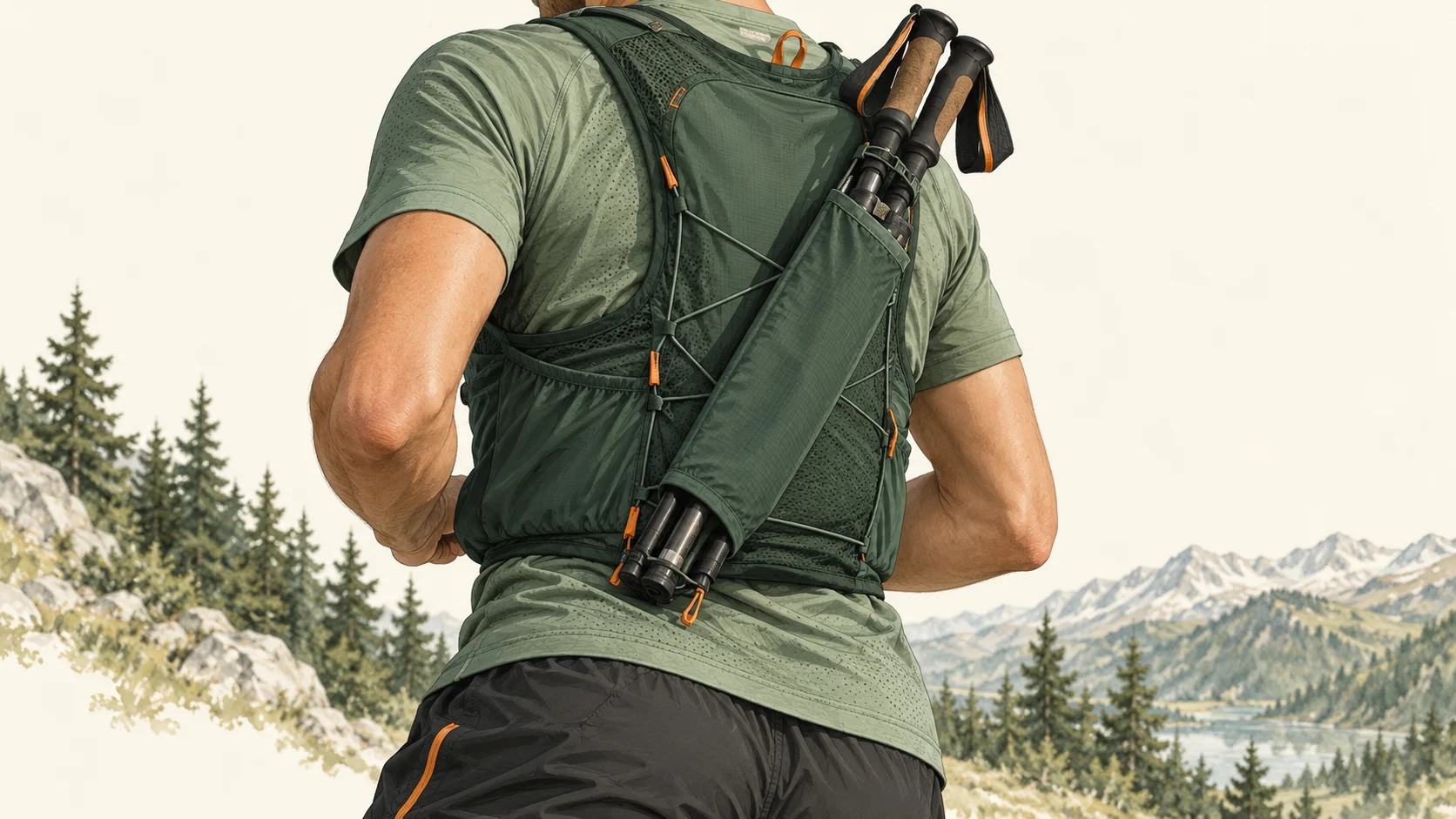 Illustration d’un coureur de dos portant des bâtons repliés dans un carquois